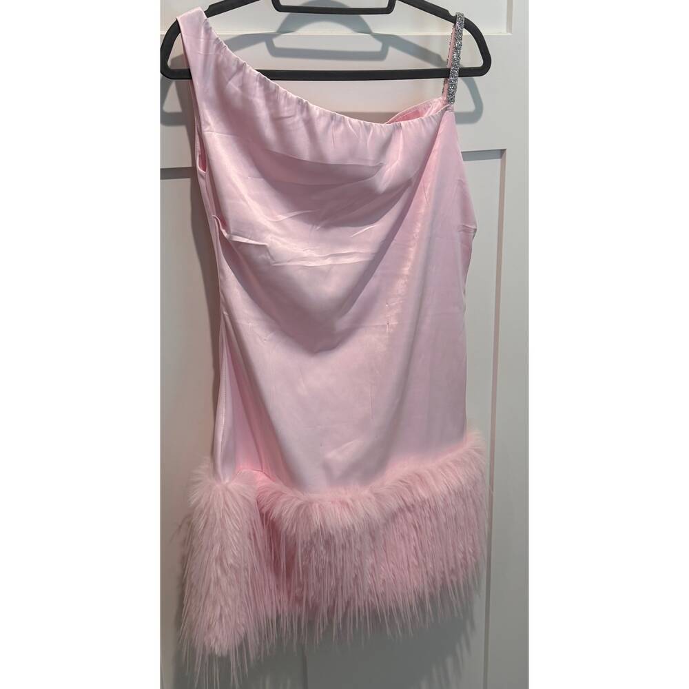 Loragal Pink Fur Dress With Rhinestone Shoulder Size L - Picture 3 of 8